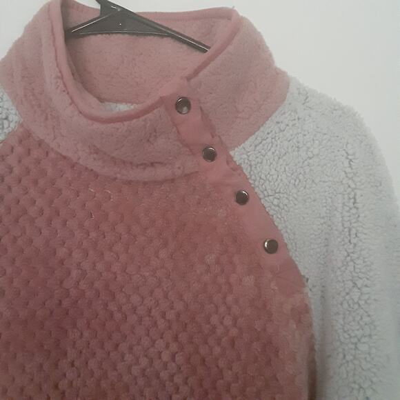 Simply Southern Sherpa Pullover Sweater Women's XL Pink White 1/4 Button - Picture 2 of 7